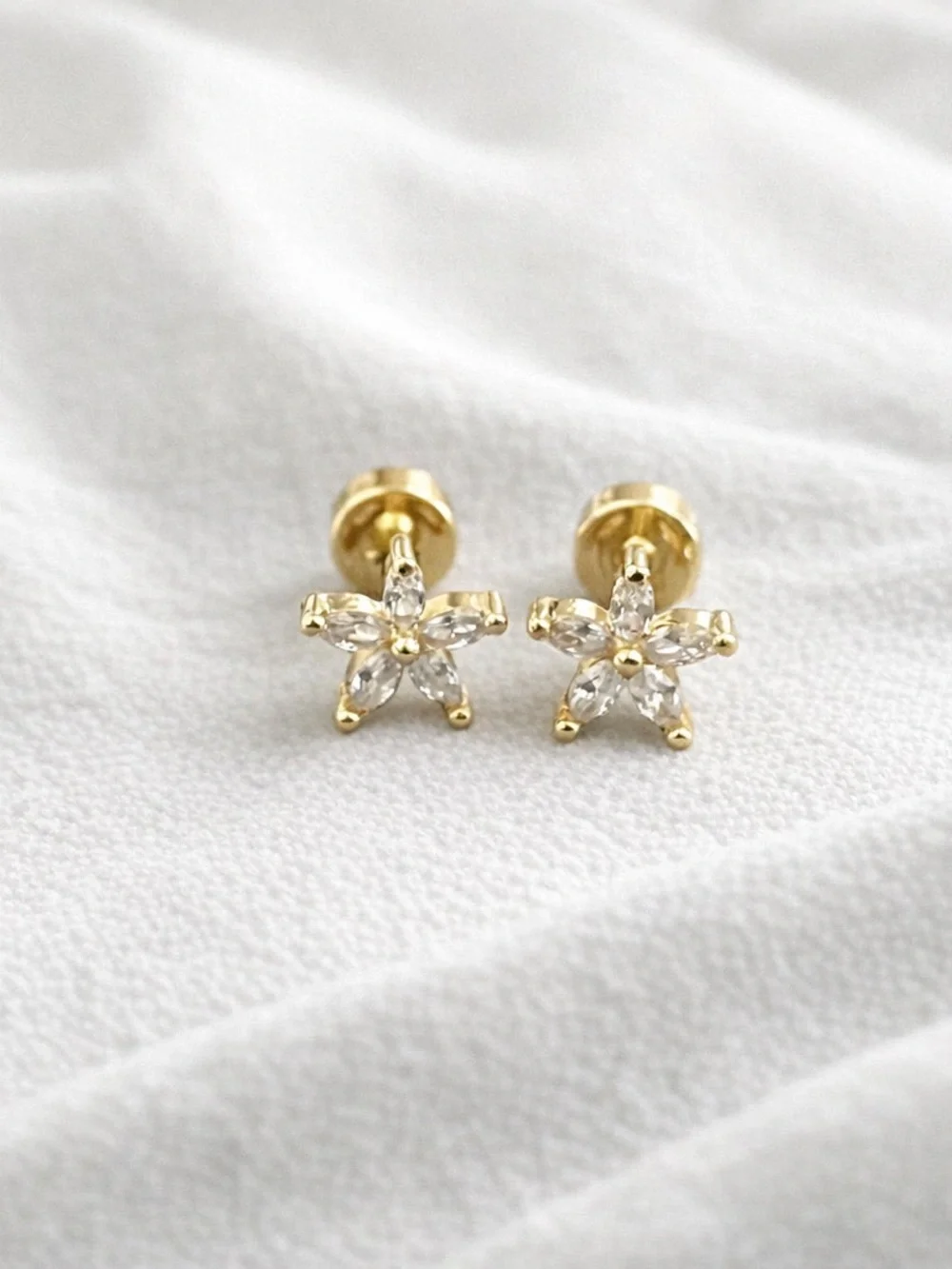 14k Gold plated stainless steel cubic zirconia flower screw back earrings - Picture 2 of 4
